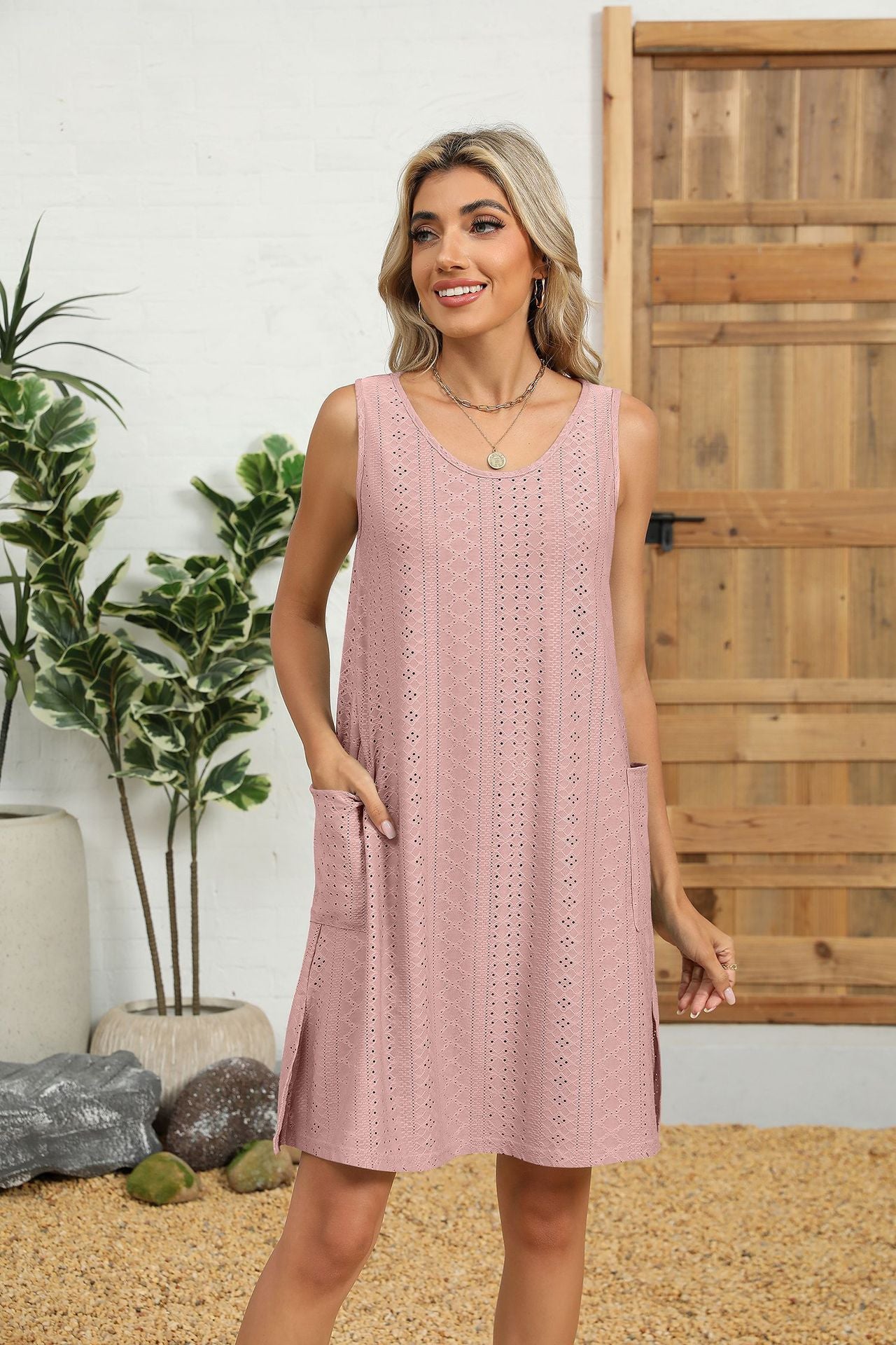 Solid Color Round Neck Tank Dress with Side Pockets