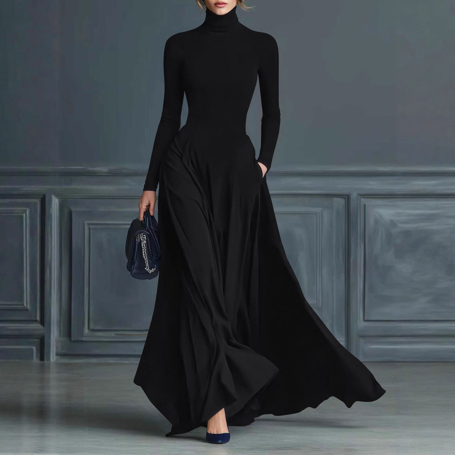 Women's Turtleneck Fit & Flare Long Sleeve Maxi Dress
