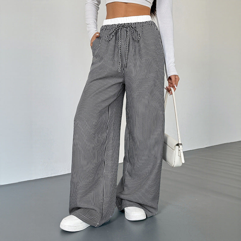 Striped High Waist Wide Leg Casual Drawstring Pants Women