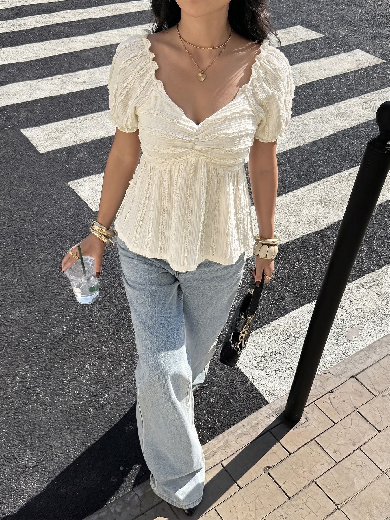 Solid Textured Top Babydoll V Neck Puff Sleeve
