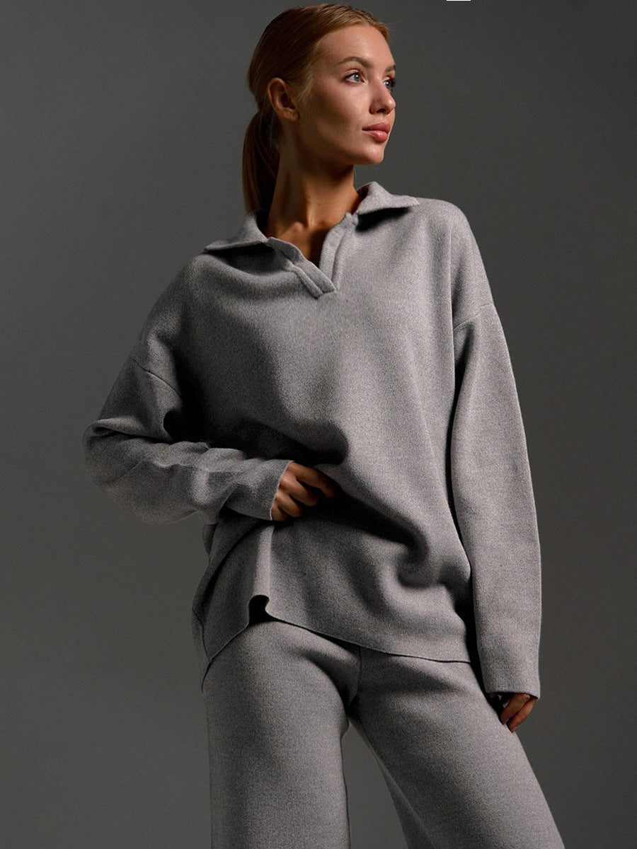 Polo Collar Knit Sweater Wide Leg Pants Set