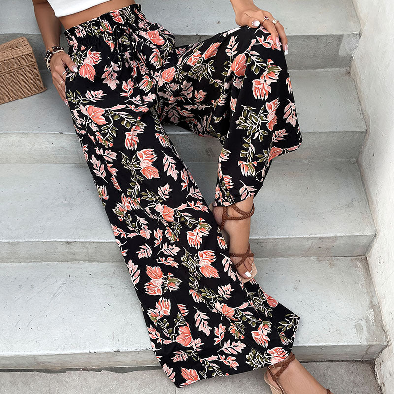 Black Tropical Floral Elastic Waist Beach Pants