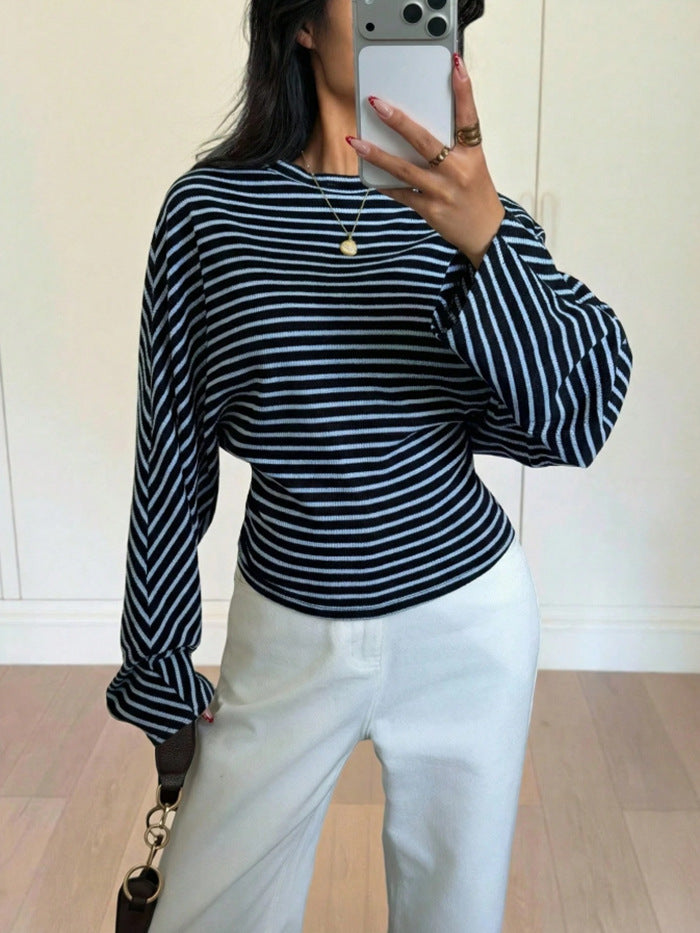 Women's Striped Batwing Waffle Knit Long Sleeve Top