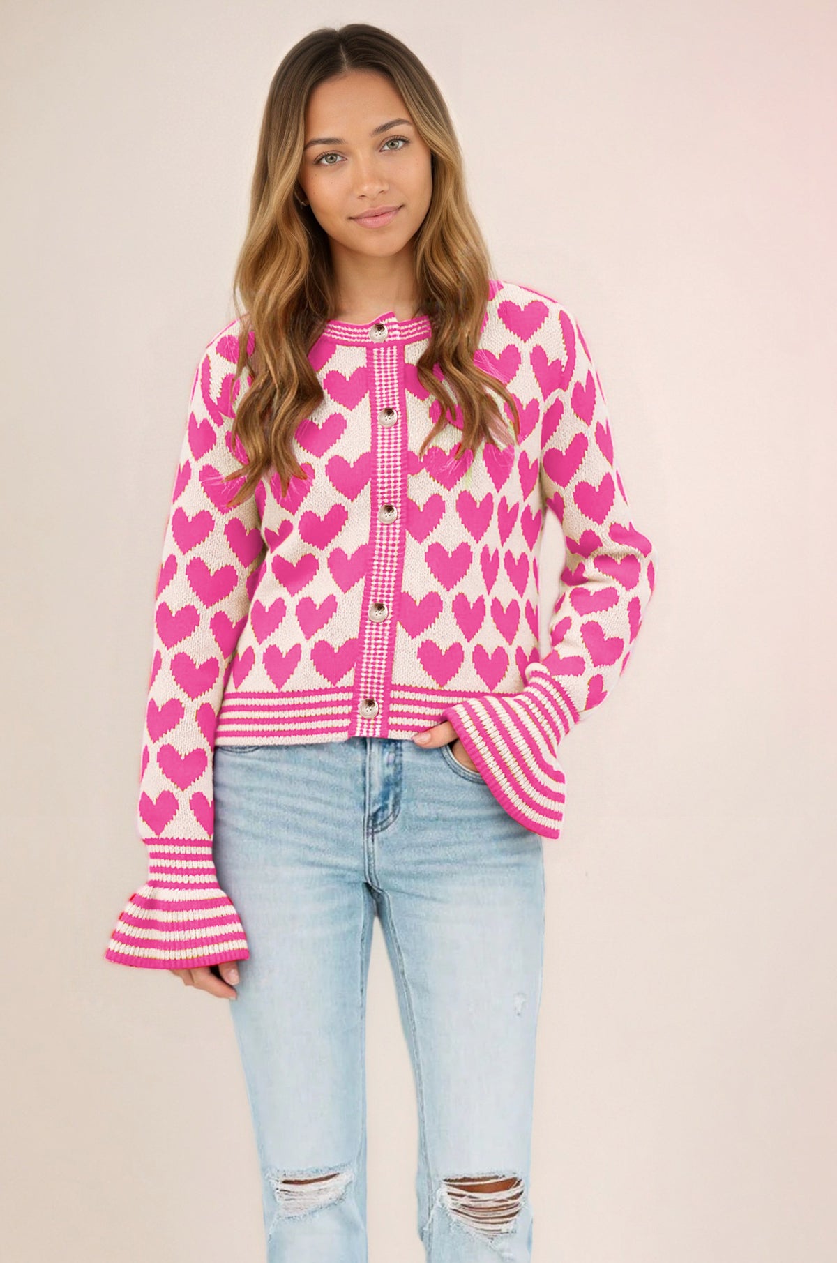 Colorblock Heart Print Bell Sleeve Knit Cardigan