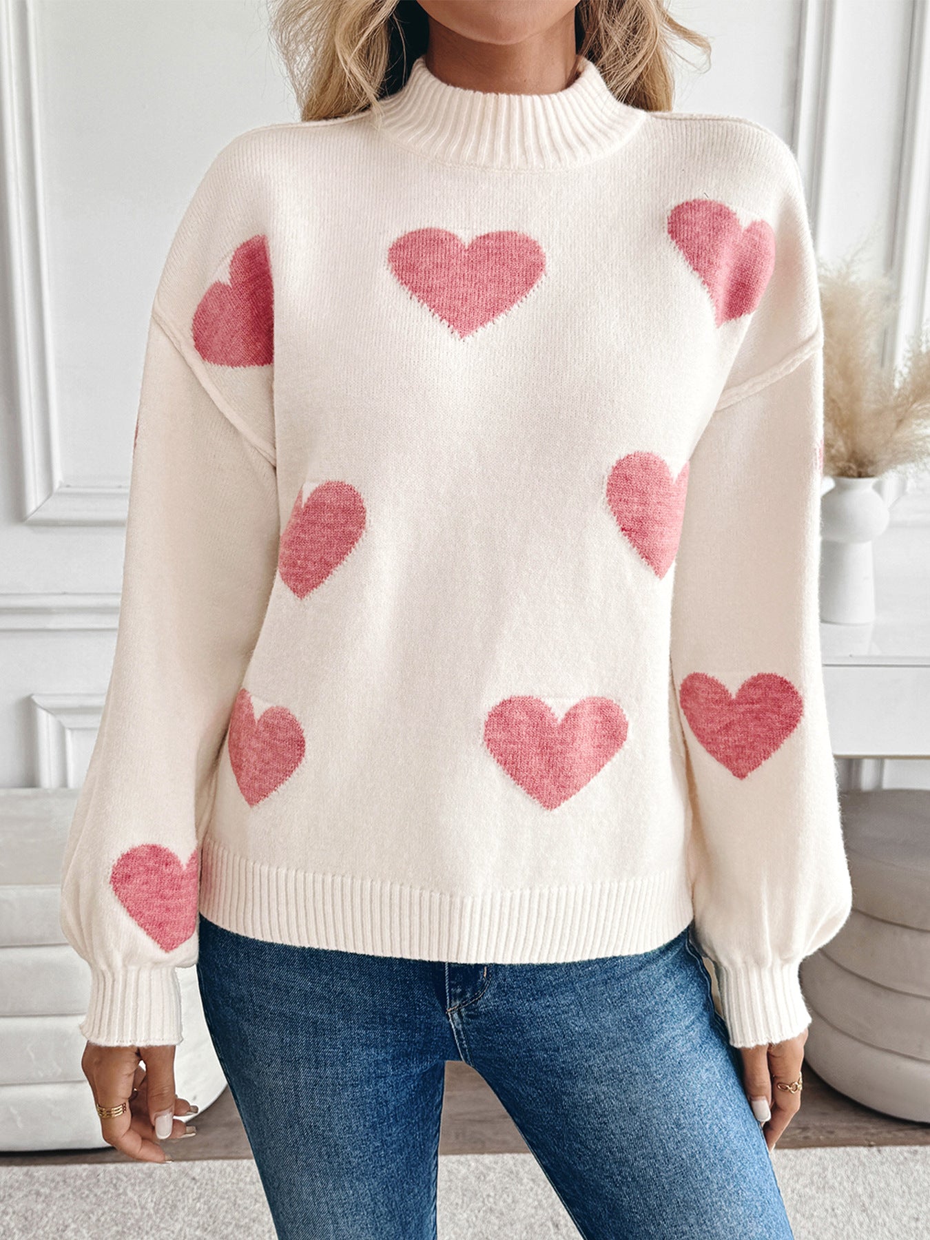 Pink Heart Knit Sweater Half Turtleneck Casual Pullover – LOVESOFT