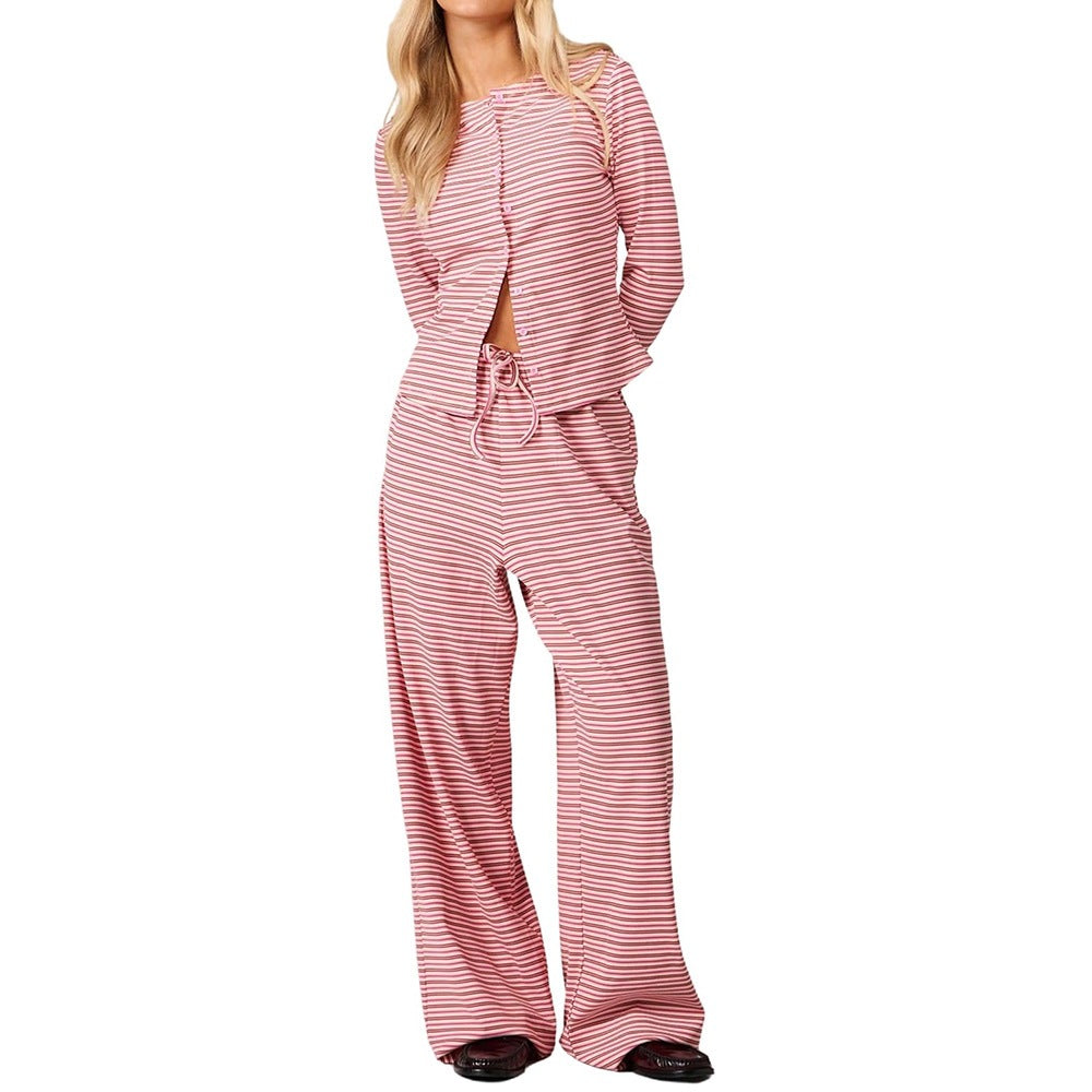 Striped Lounge Set Long Sleeve Top & Pants Soft Casual Outfit