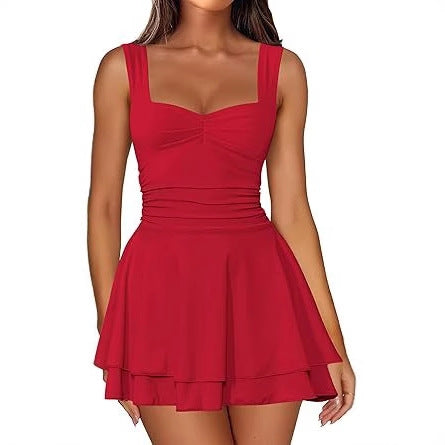 Square Neck Ruched Waist Tiered Mini Dress for Women