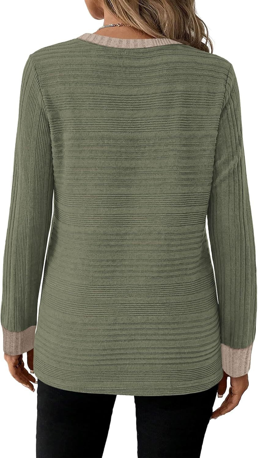 Women's Color Block Ribbed Long Sleeve Loose Casual Top