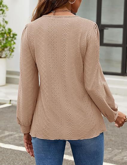 Solid Knit Blouse Casual Eyelet Puff Sleeve Boutique