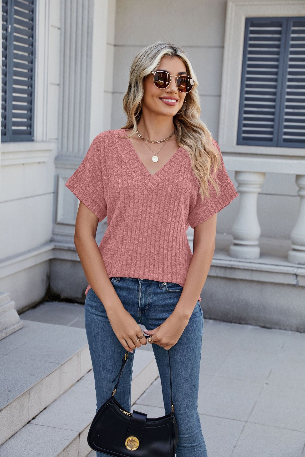 Ribbed Knit Top Casual Dolman Sleeve V Neck