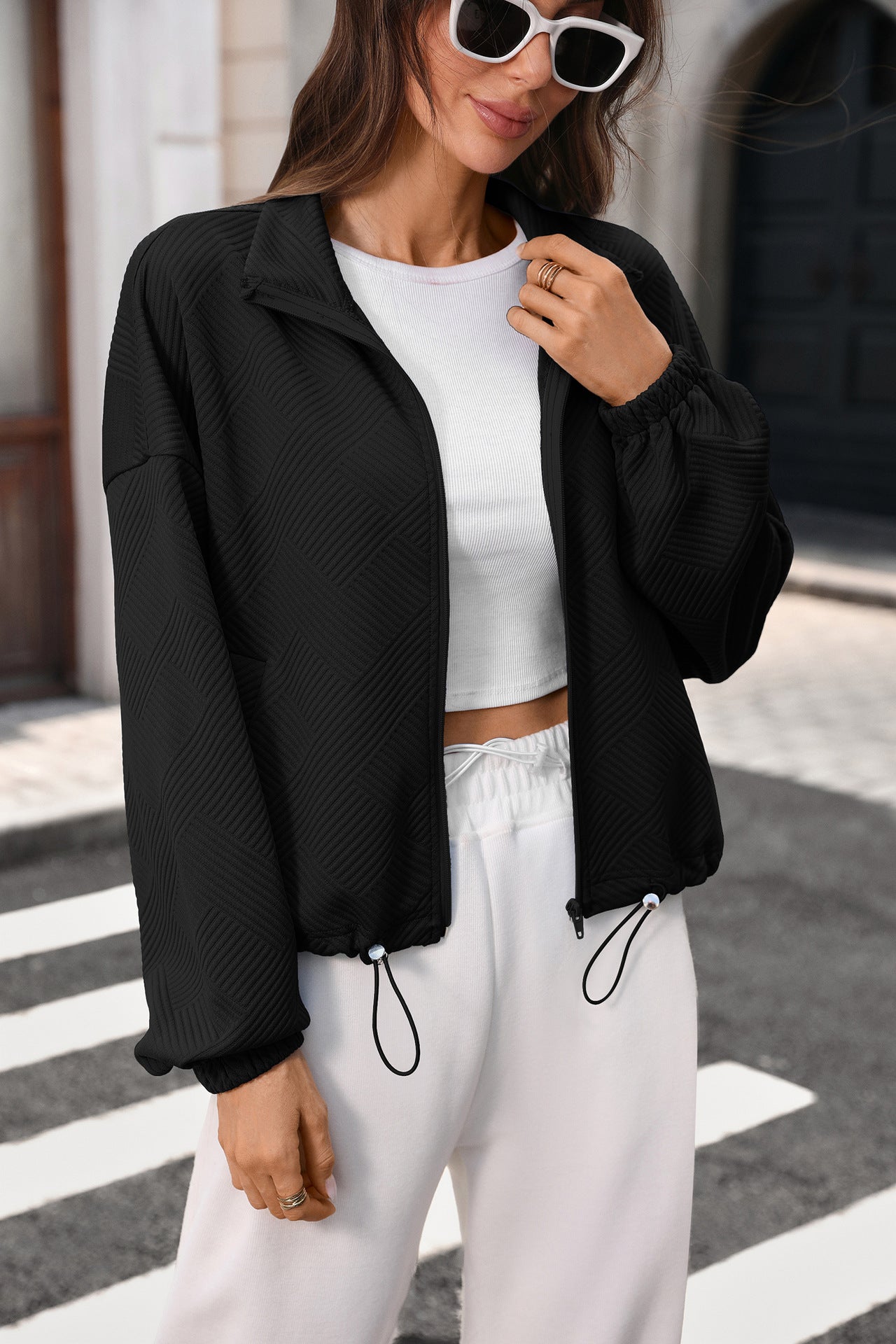 Solid Textured Corduroy Jacket Zip Front Casual Layering