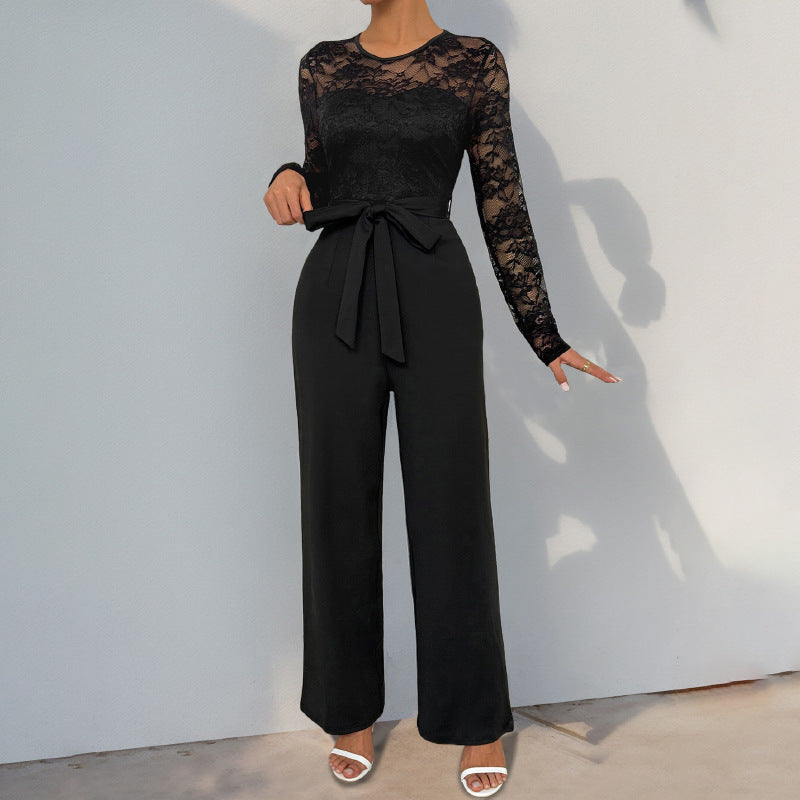 Elegant Lace Patchwork Jumpsuit with Belt Long Sleeve