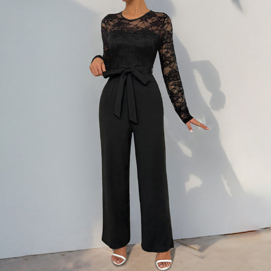 Elegant Lace Patchwork Jumpsuit with Belt Long Sleeve