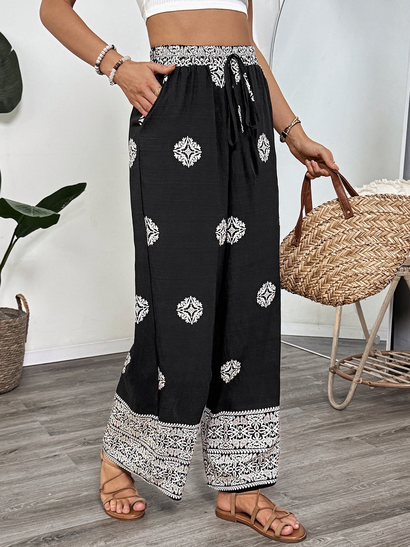 Boho Print Elastic Waist Wide Leg Vacation Pants