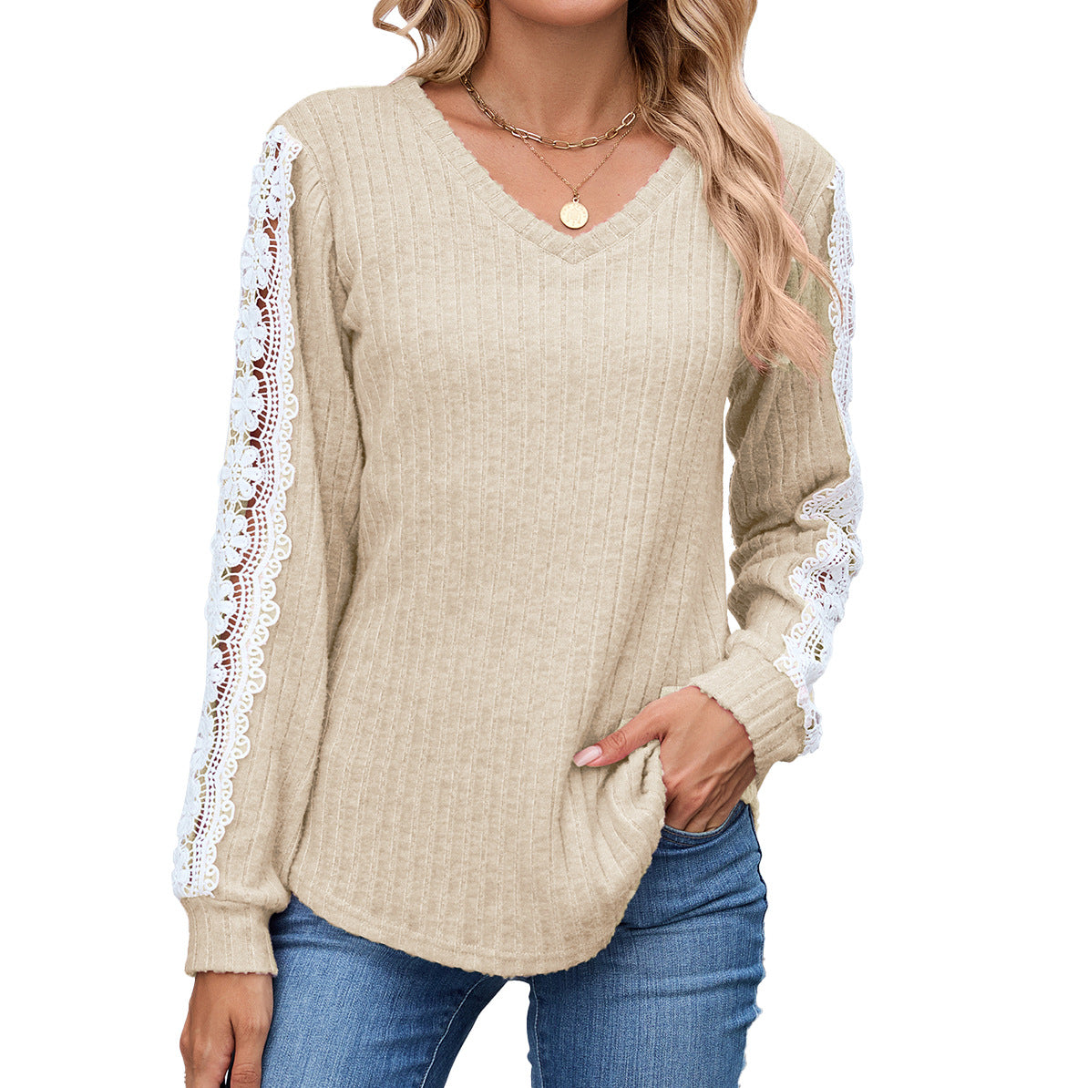 Women's V-Neck Lace Trim Ribbed Knit Tunic Top