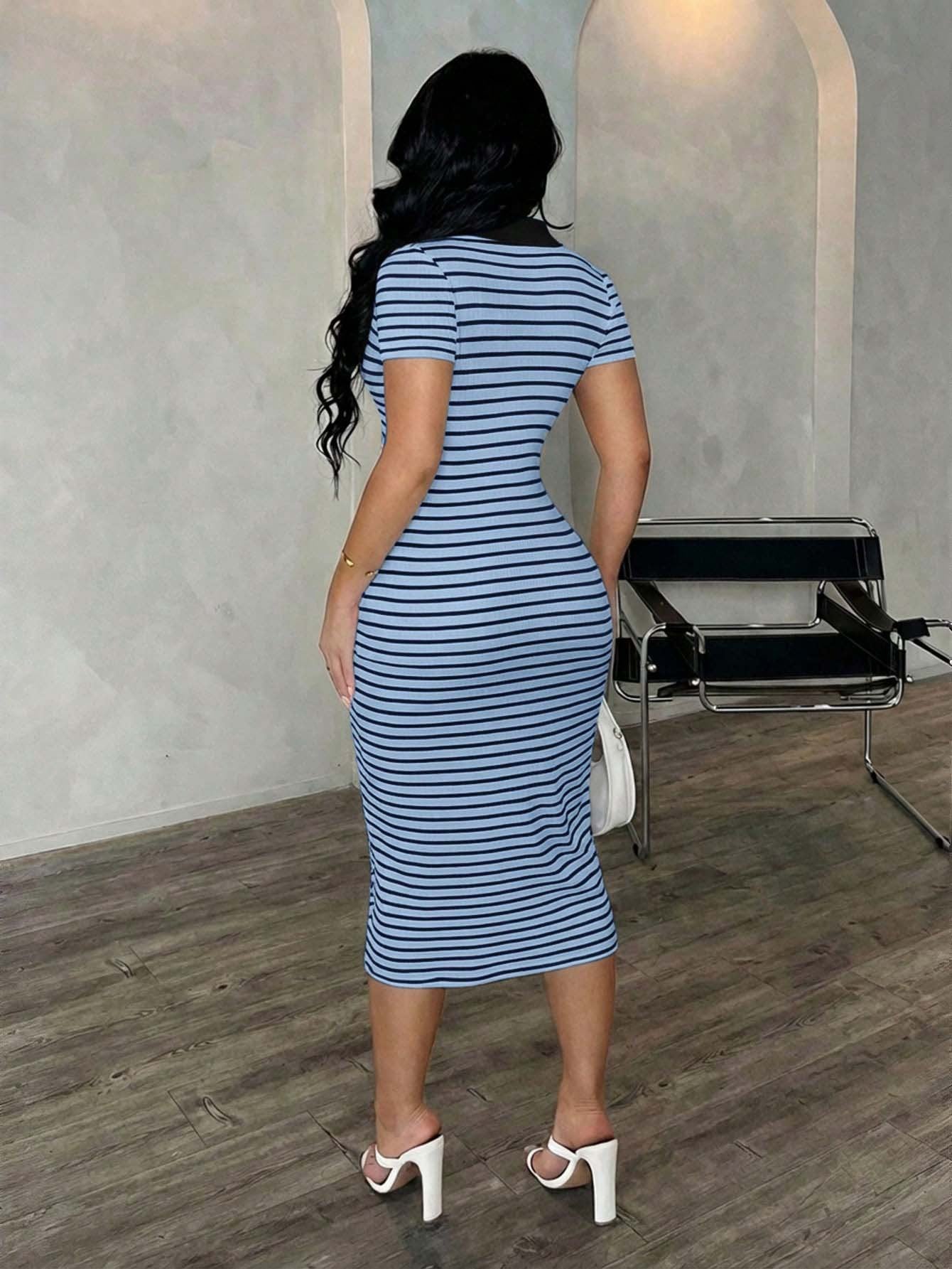 Striped Polo Collar Bodycon Midi Dress Short Sleeve Casual  Wear