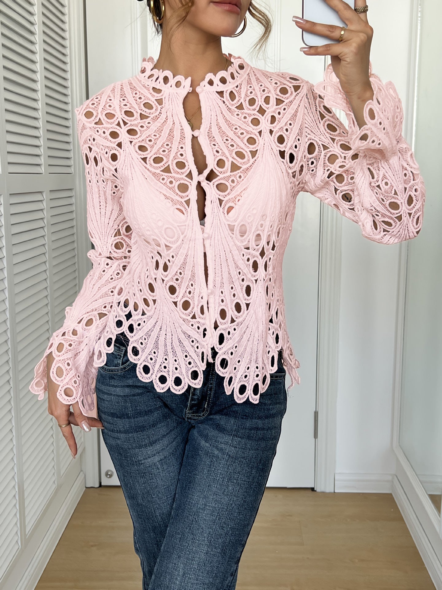 Crochet Lace Blouse with Sheer Bell Sleeves and Buttons