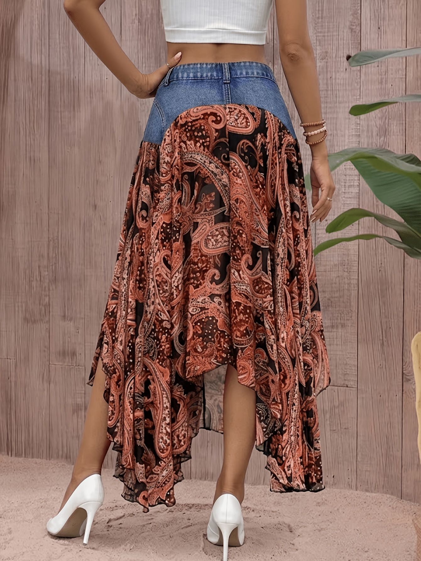 Paisley Chiffon Maxi Skirt Denim Yoke Asymmetrical Hem