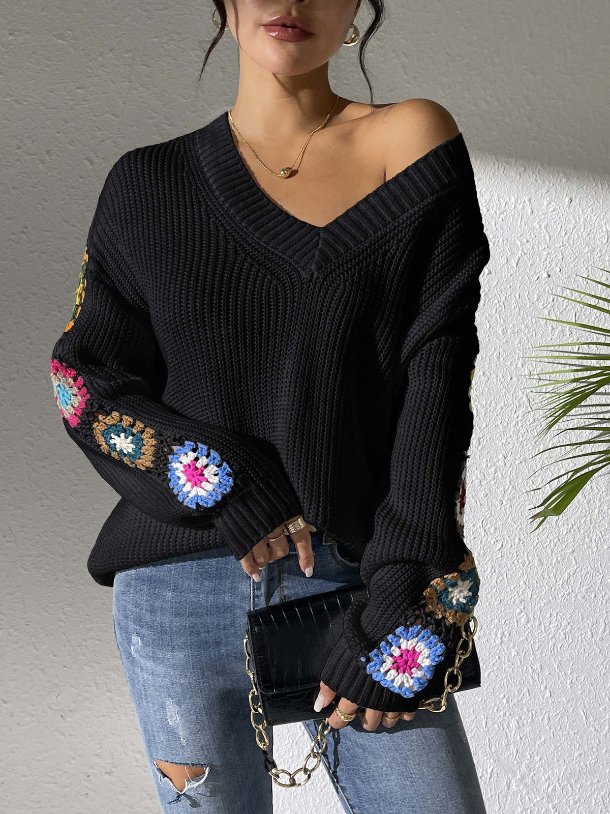 Women's Crochet Patchwork V-Neck Knit Sweater