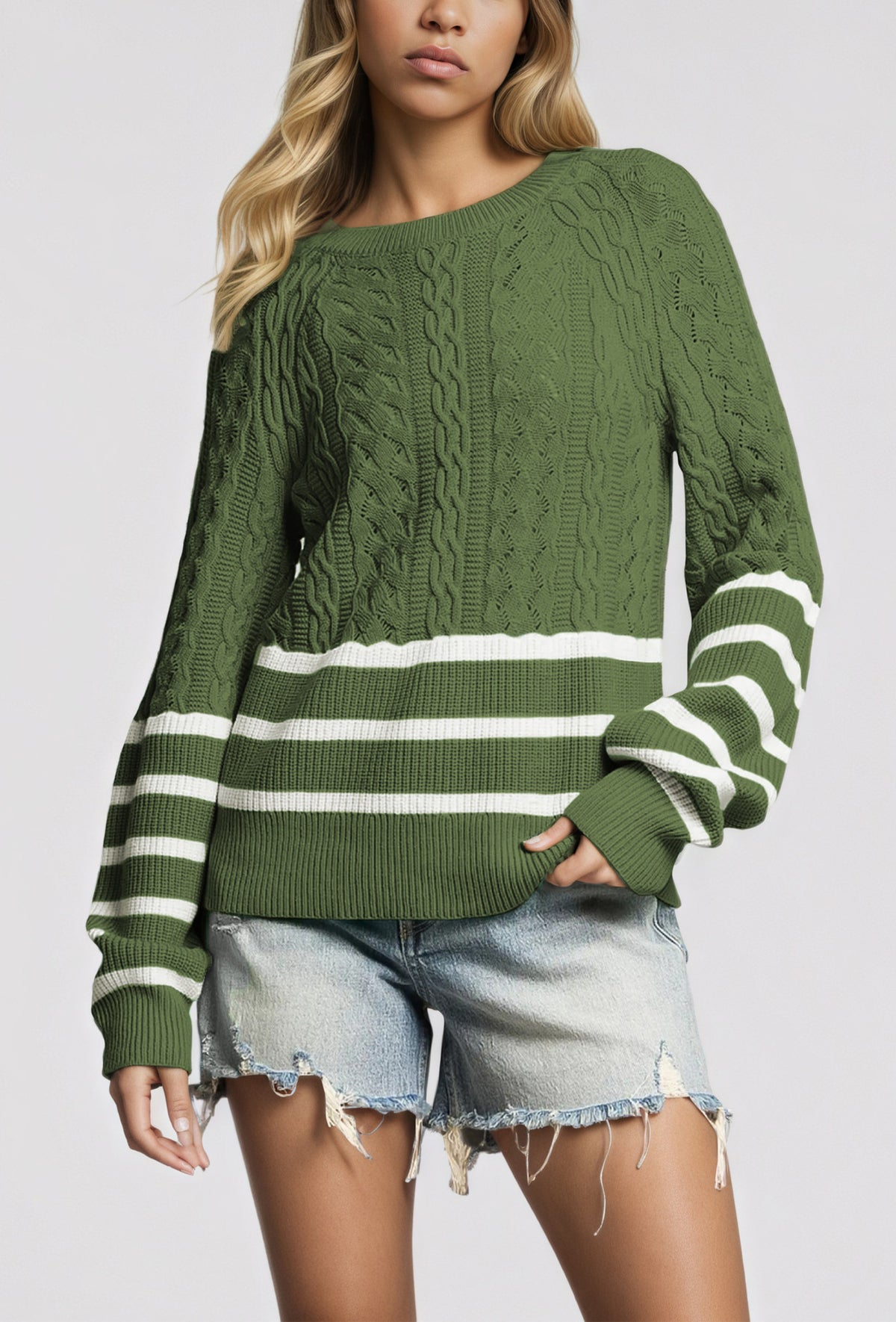 Oversized Cable Knit Striped Crew Neck Sweater