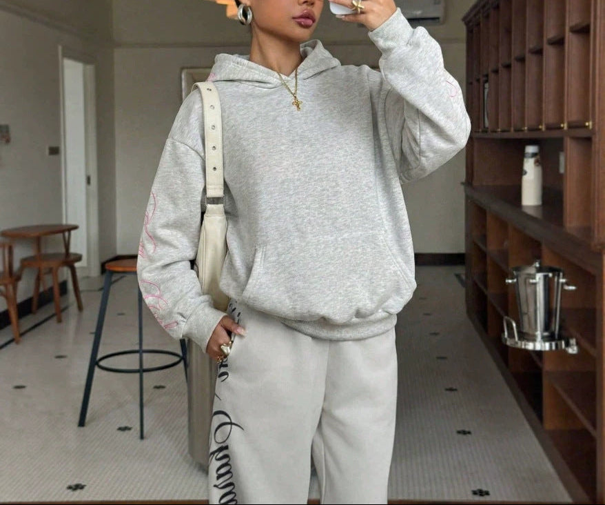 Grey Back Embroidered Oversized Hooded Sweatshirt