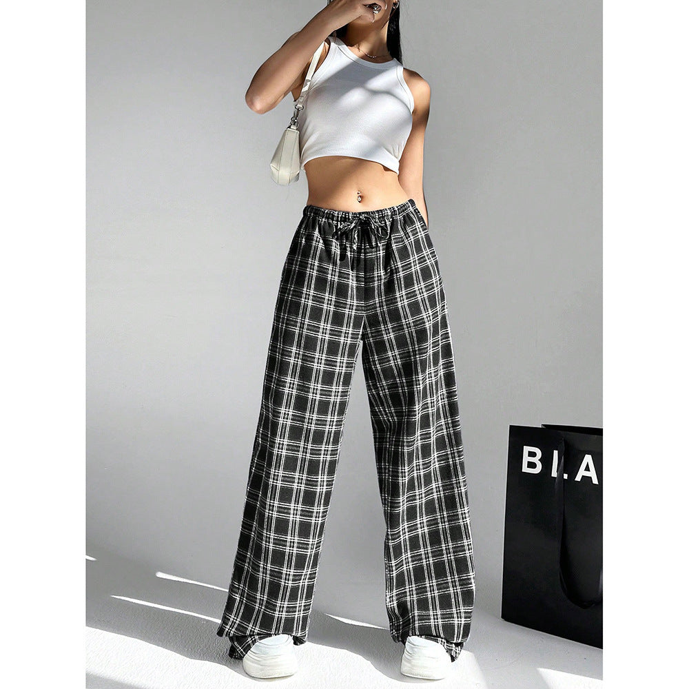 Gingham Check Wide Leg Casual Pants