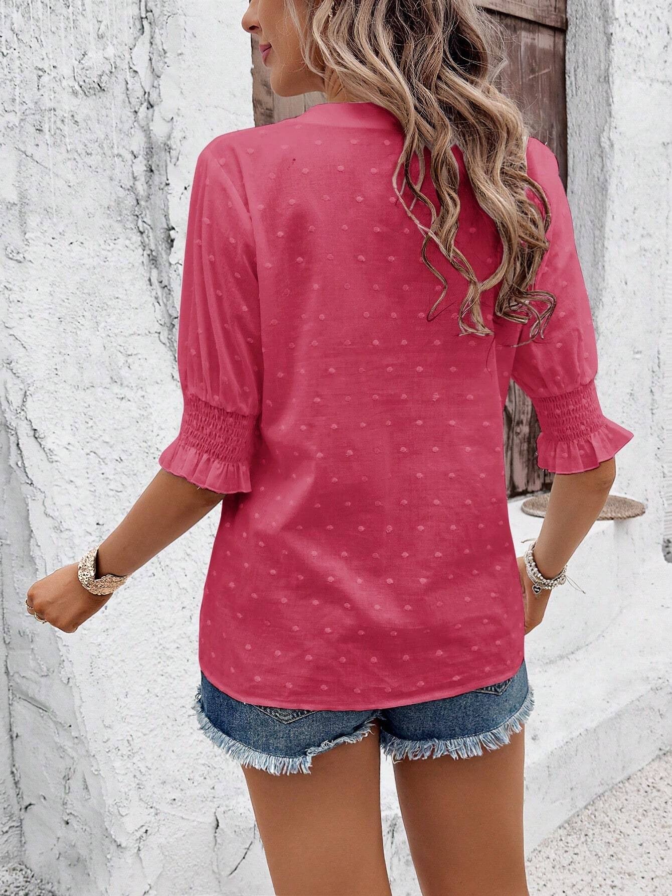 Hollow Out  V Neck Puff Sleeve Boho Blouse