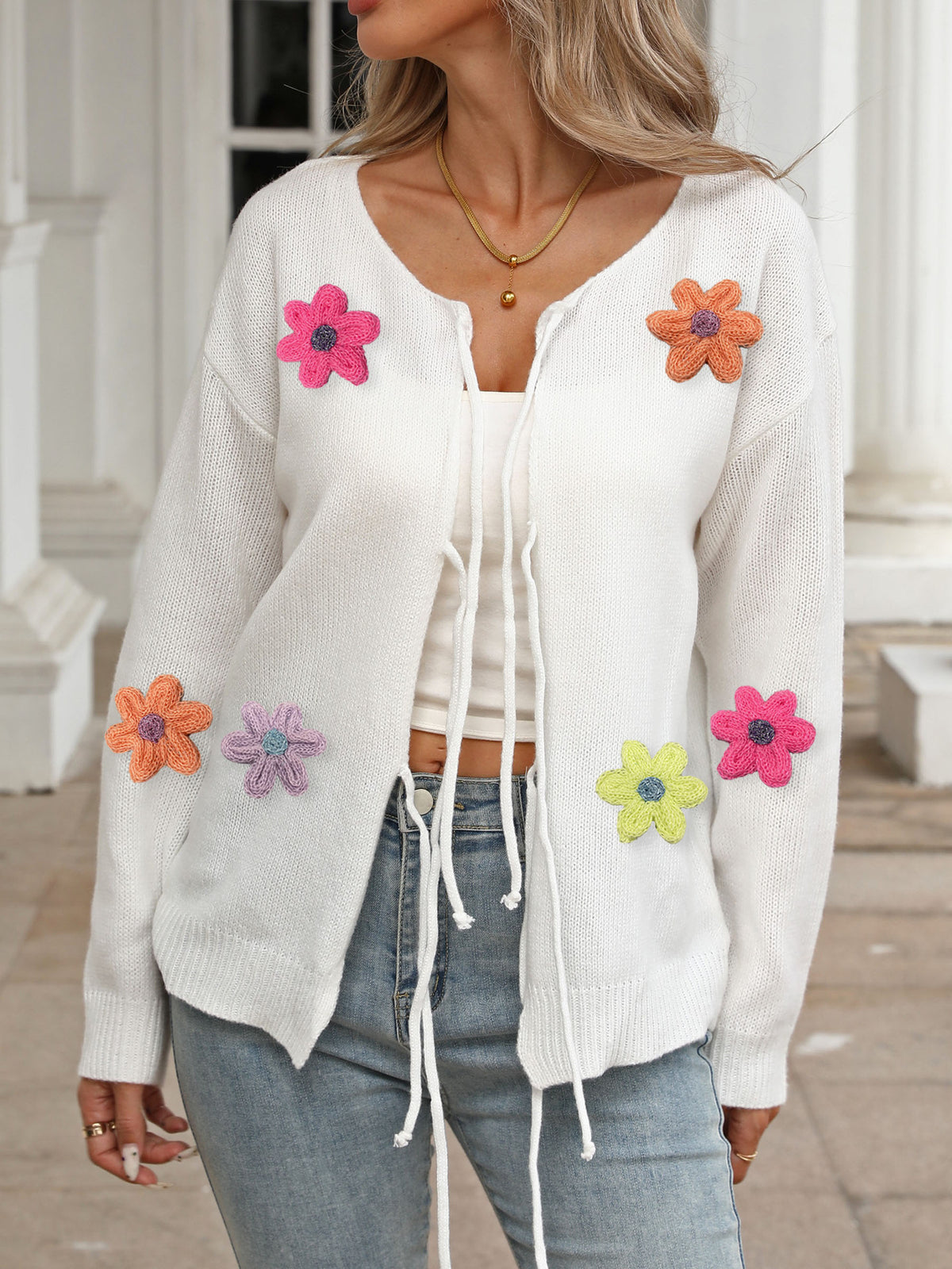 Women's Tie Front Crochet Flower Cardigan