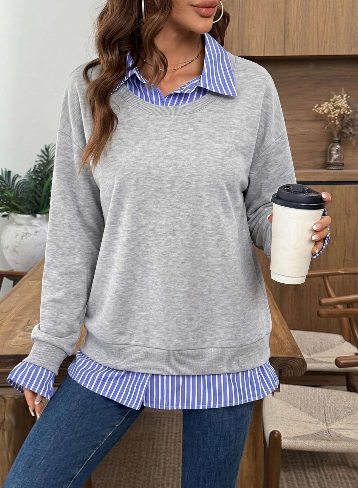Faux Layered Crewneck Sweatshirt Striped Shirt Detail