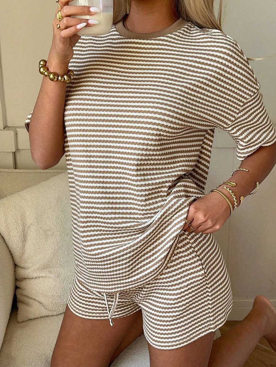 Striped Knit Shorts Set Casual Drawstring Lounge