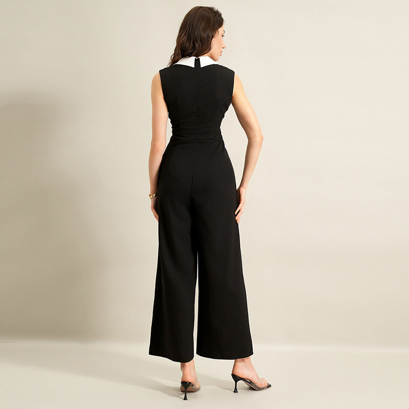 Black White Colorblock Sleeveless Wide Leg Jumpsuit