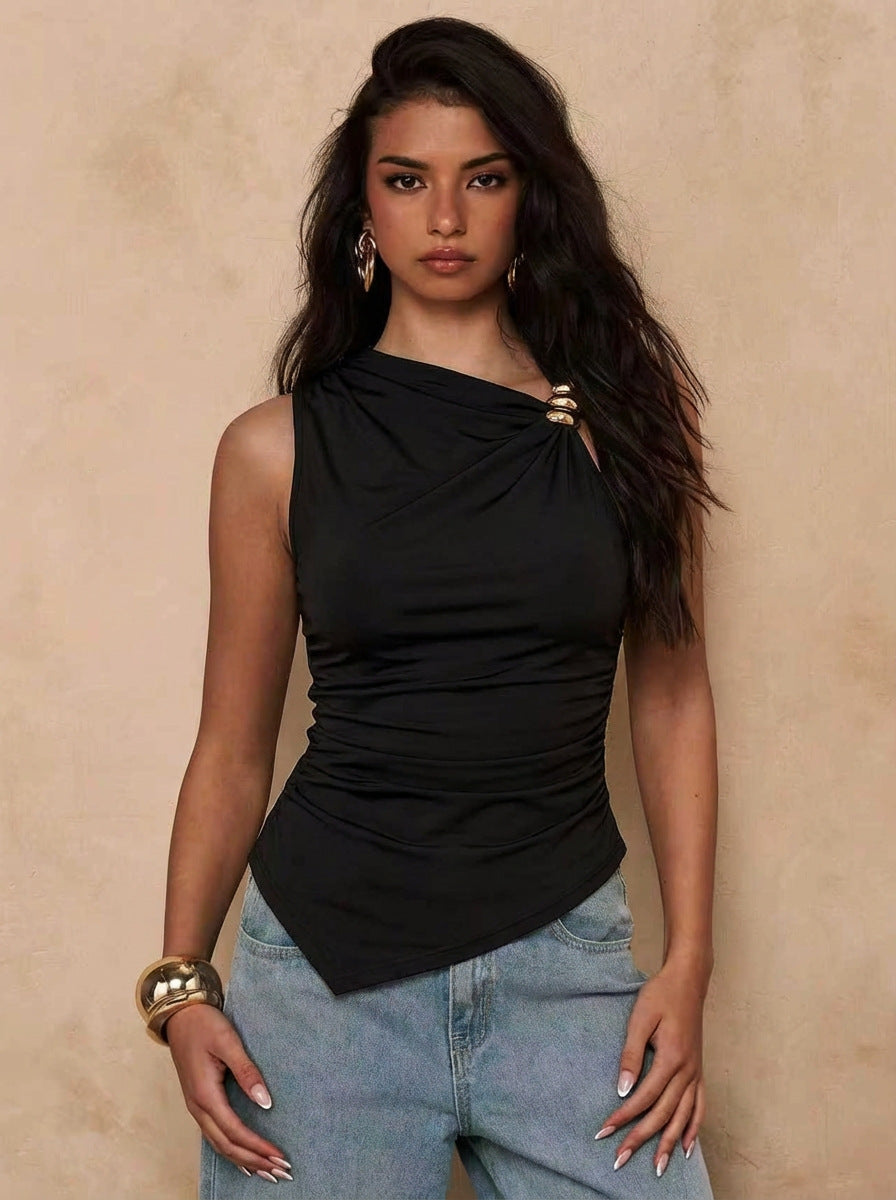 Black Asymmetrical Ruched Sleeveless Top with Metal Detail