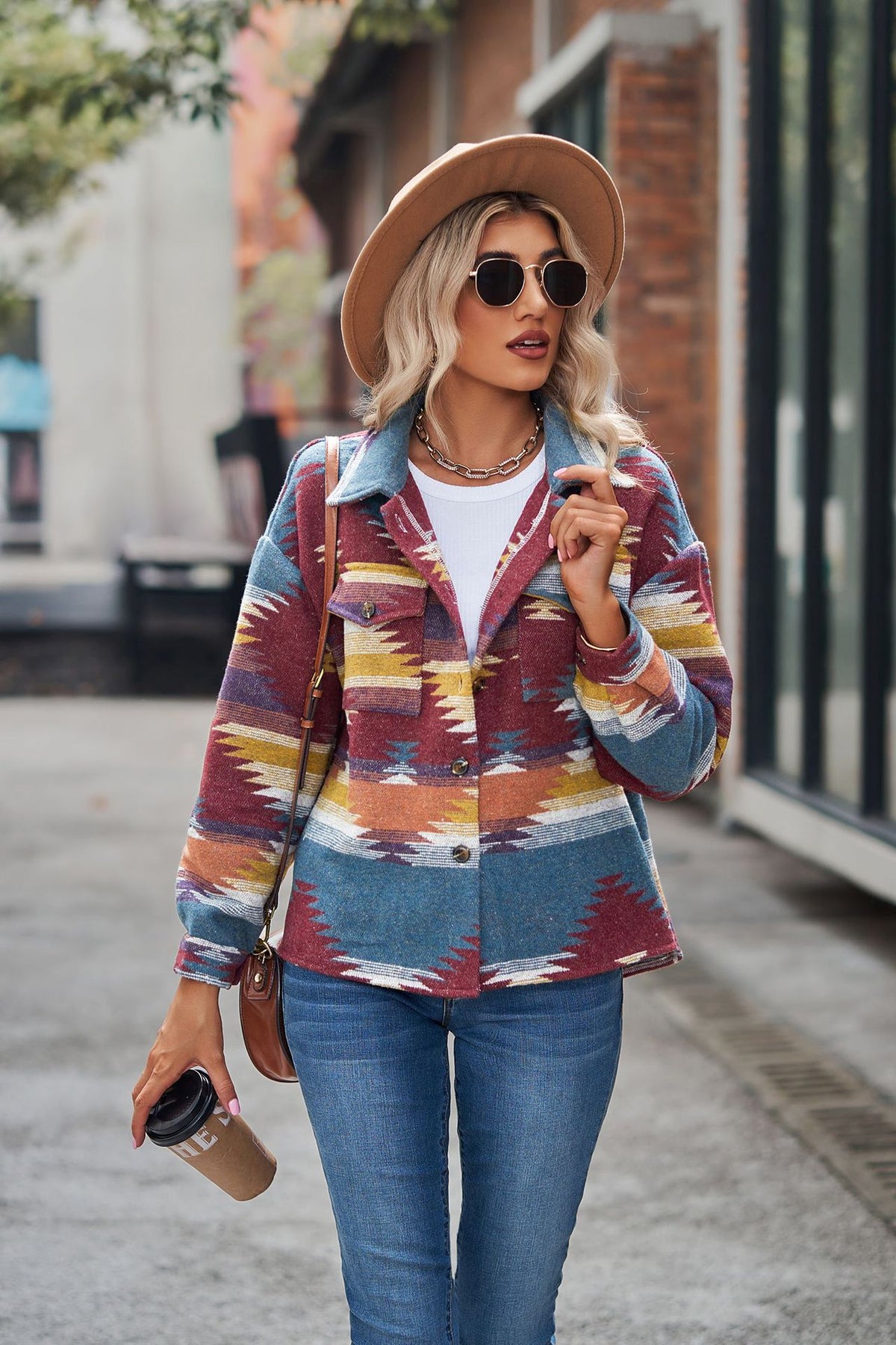 Women's Aztec Cropped Shacket Oversized