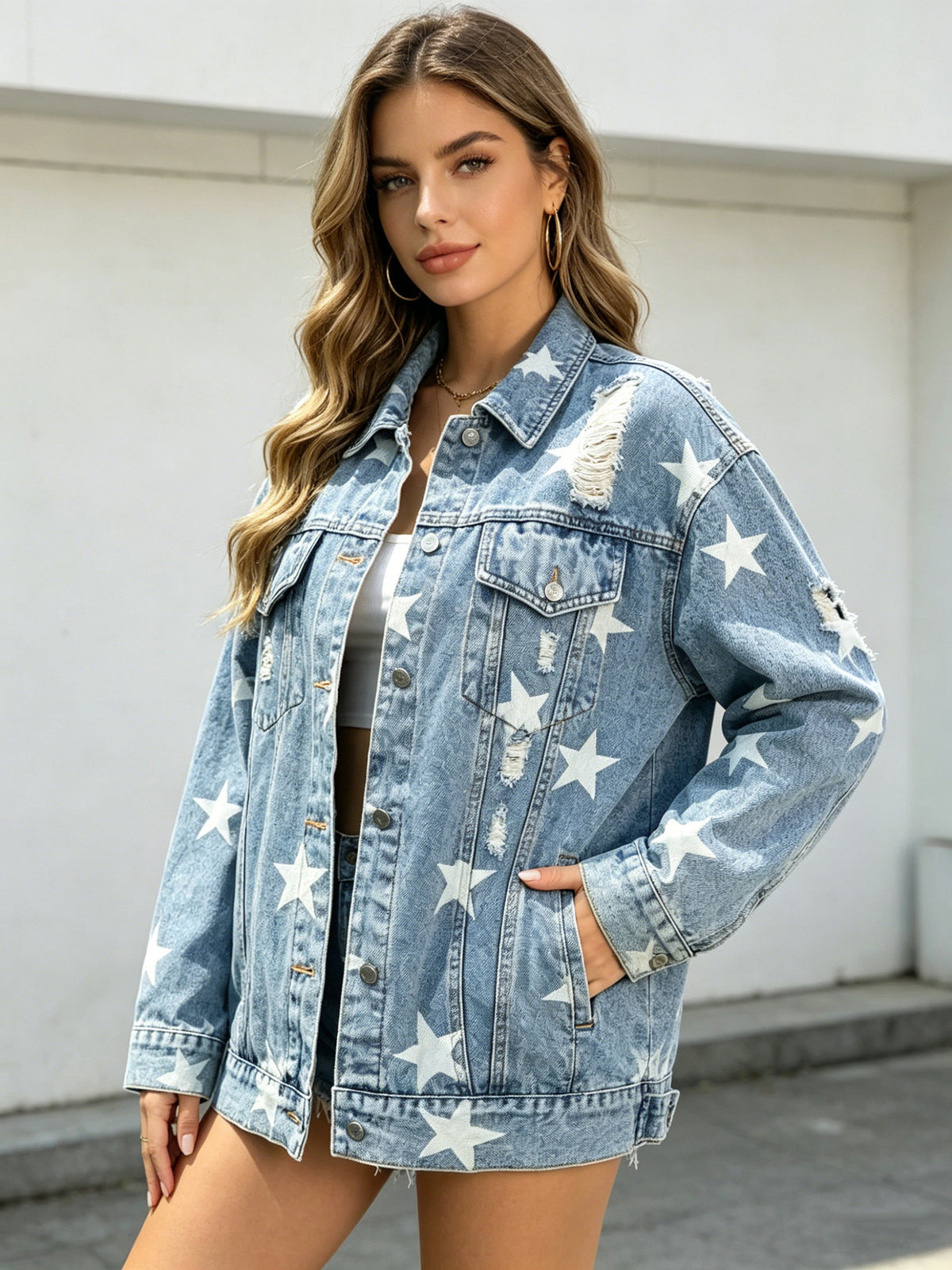 Women's Oversized Star Print Distressed Denim Jacket