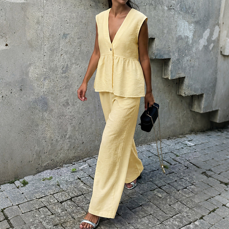 Women's Linen Look Peplum Vest Wide Leg Pants Two Piece Set