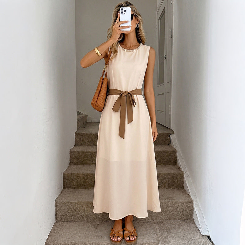 Sleeveless Bow Belt Midi Dress Elegant A-Line Summer Dress