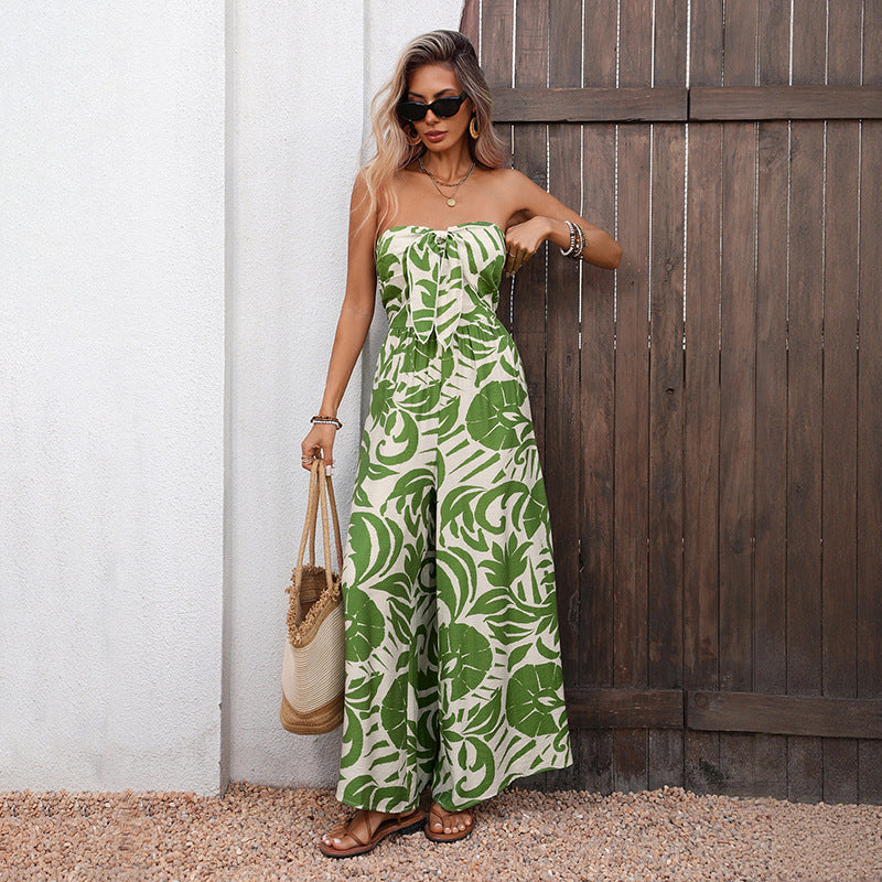 Women Strapless Tropical Print Wide Leg Jumpsuit Summer