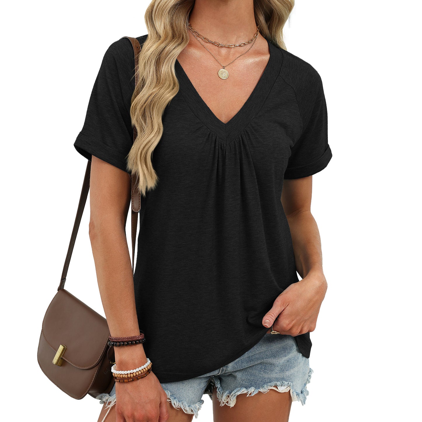 Women’s V Neck Pleated Short Sleeve Casual Blouse Top