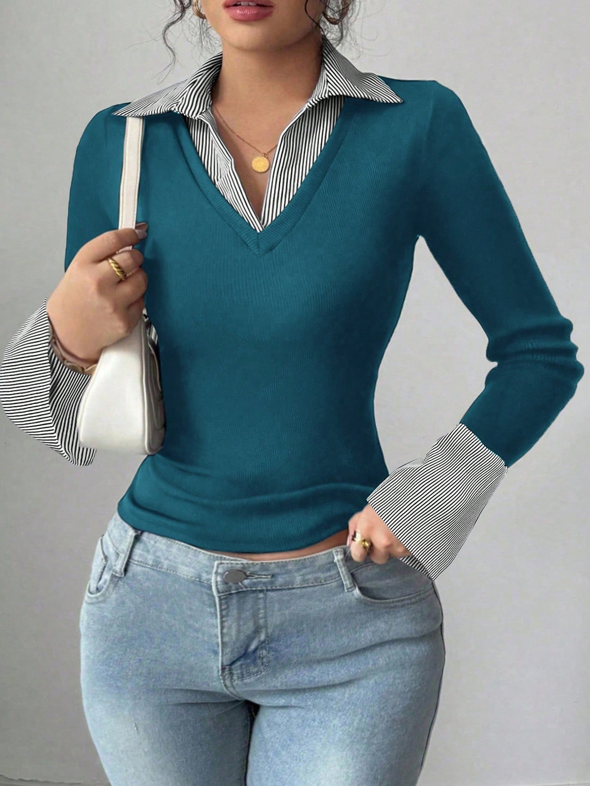 Women's Layered Striped Collar V Neck Flare Cuff Top