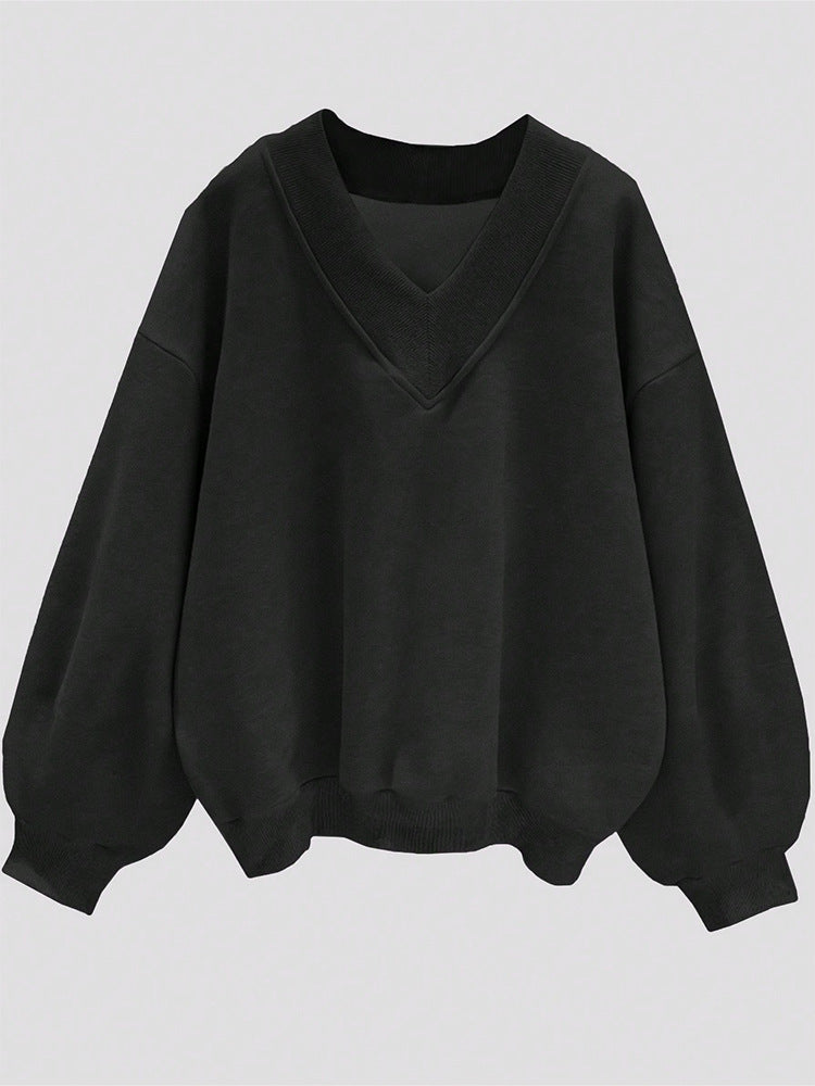 Solid Sweatshirt Casual Oversized V-Neck Pullover