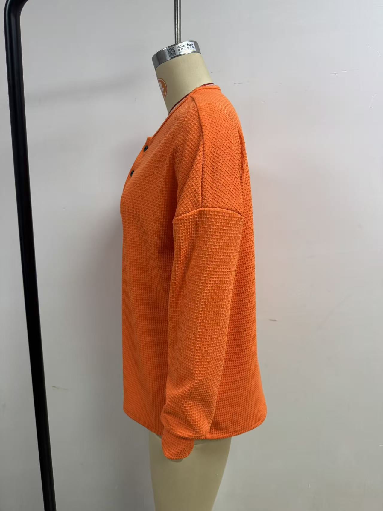 Waffle Knit Henley Top, Oversized Long Sleeve Pullover