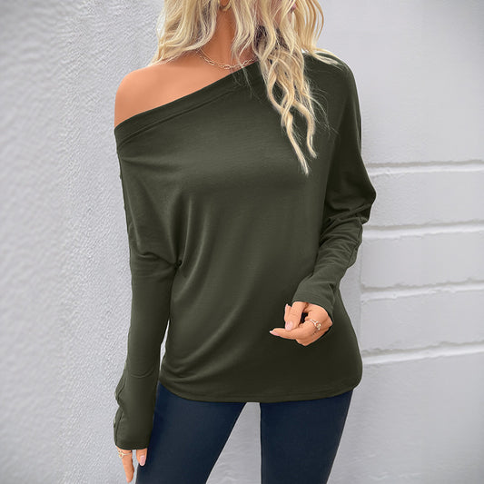 Olive Off Shoulder Long Sleeve Casual Pullover Top