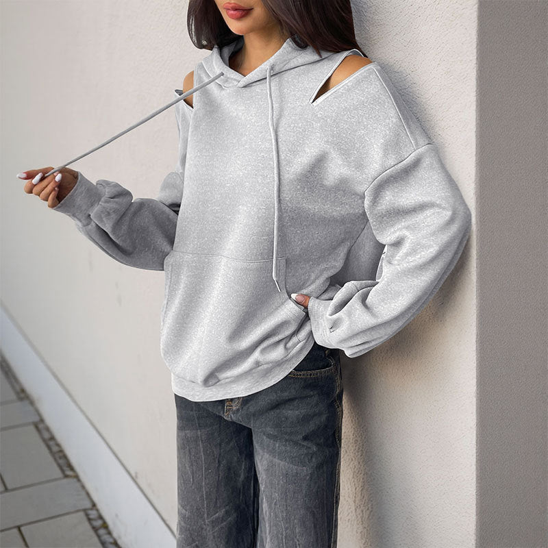 Gray Cold Shoulder Hoodie Women Drawstring Pullover Sweatshirt