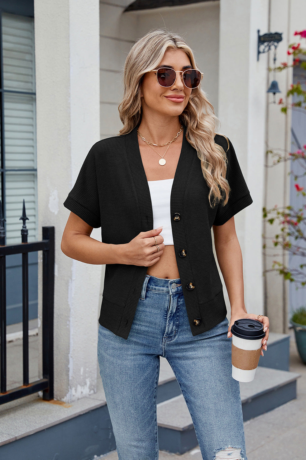 Button Short Sleeve Top Cardigan V-Neck