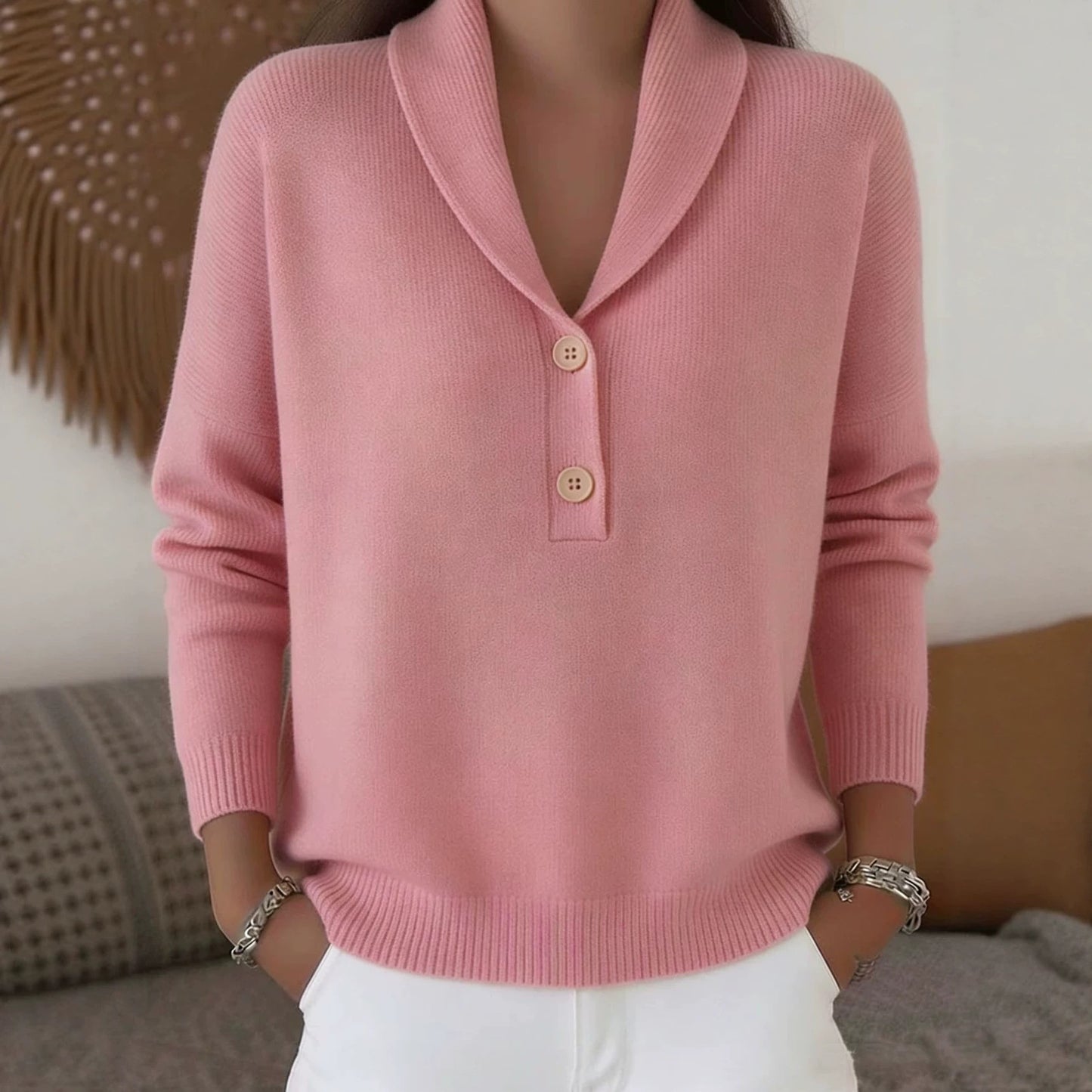 Solid Knit Polo Collar Sweater Button Front Relaxed Fit
