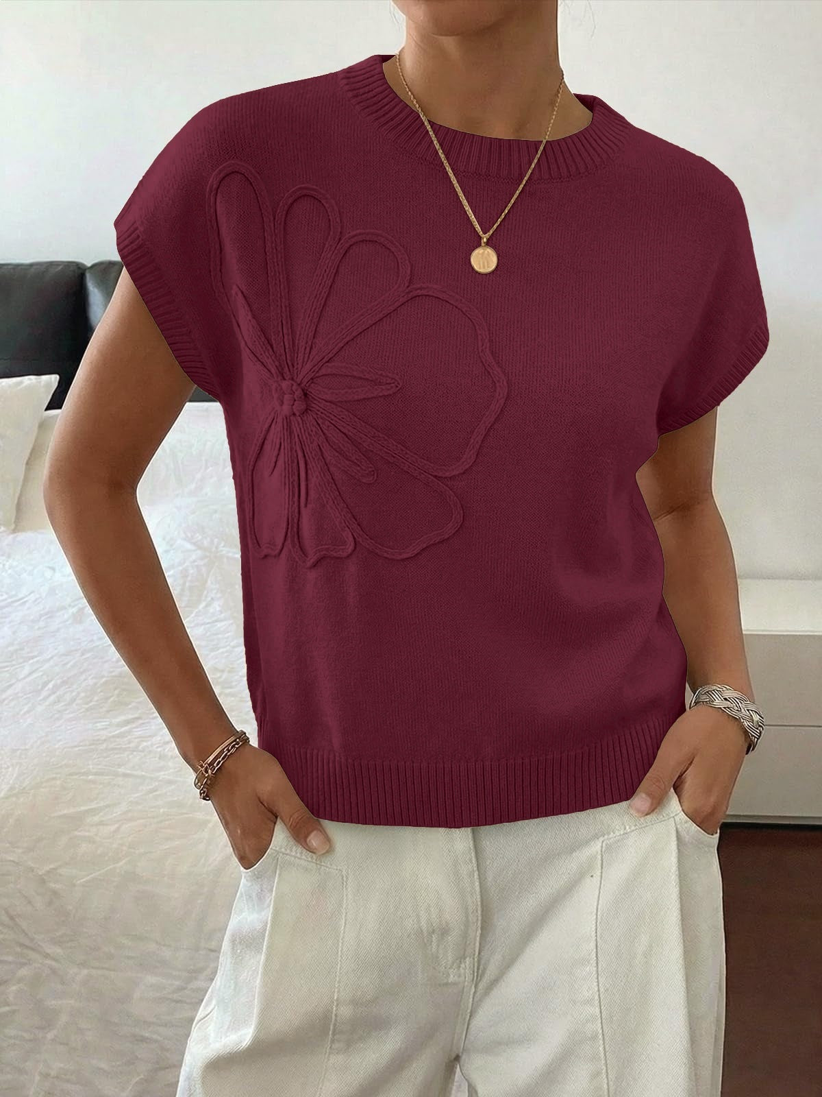 Womens 3D Floral Knit Top Short Sleeve Pullover
