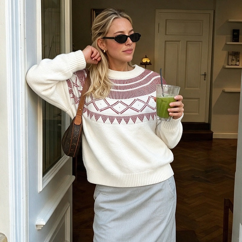 Womens Fair Isle Crewneck Sweater Oversized Cozy Winter