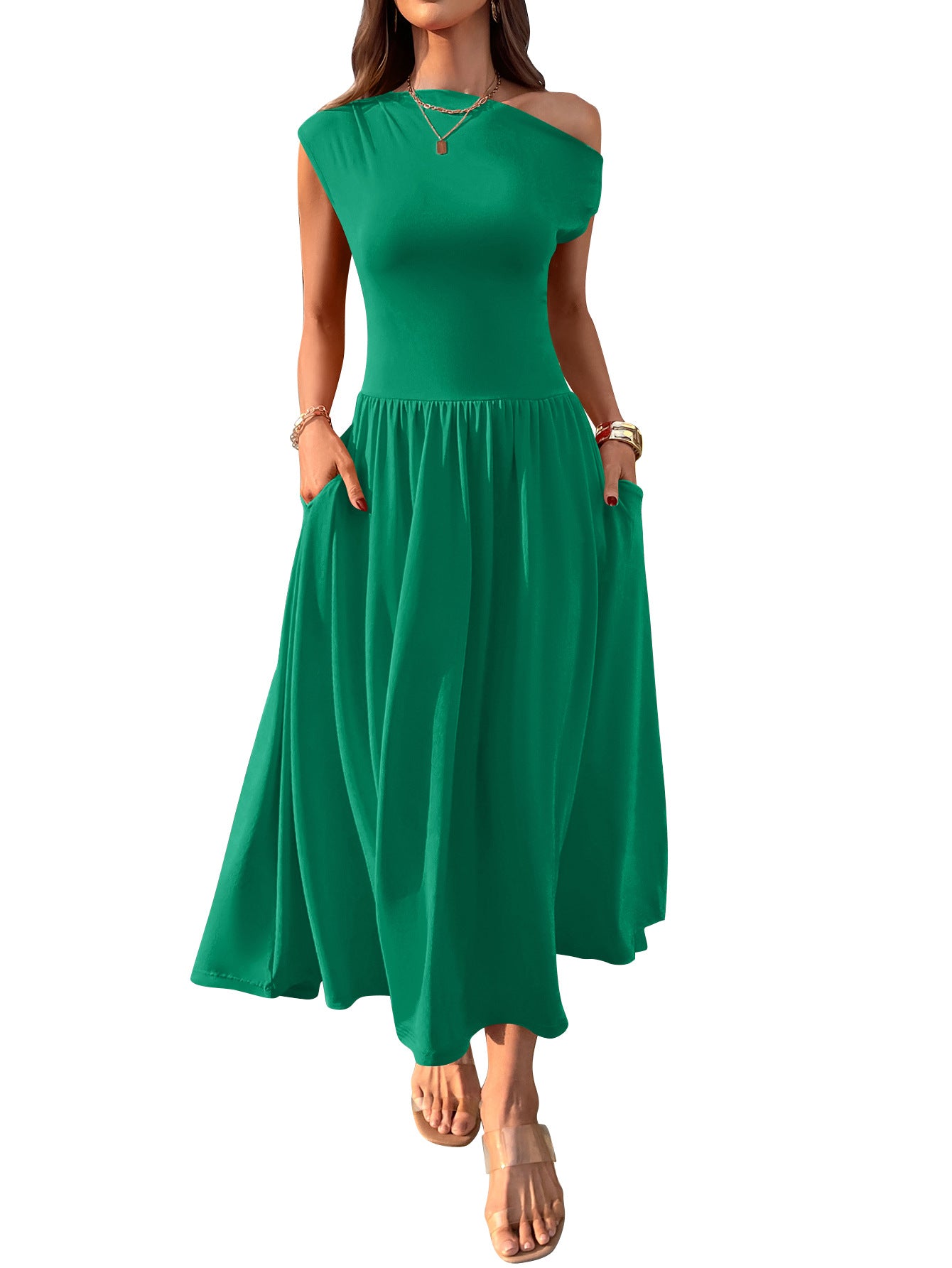 One Shoulder Maxi Dress with Pockets Pleated Skirt