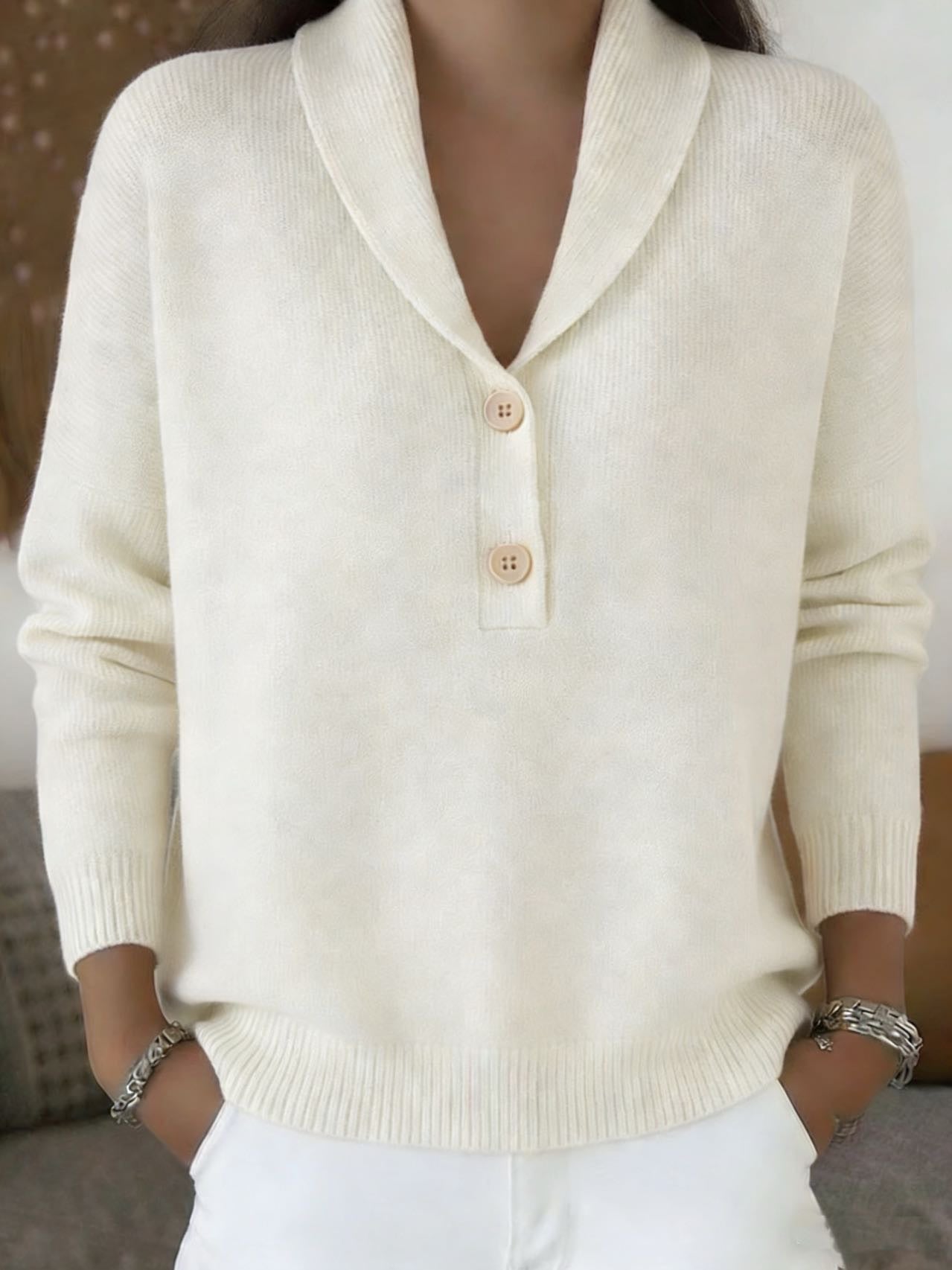 Solid Knit Polo Collar Sweater Button Front Relaxed Fit