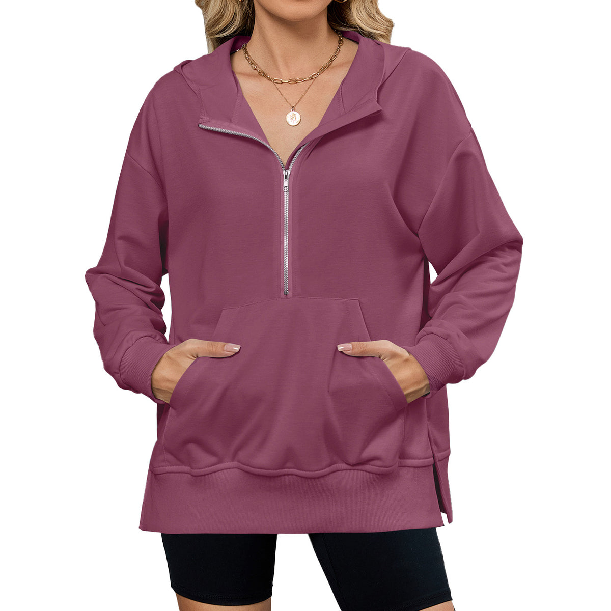 Women's Oversized Half Zip Hoodie Pocket Sweatshirt